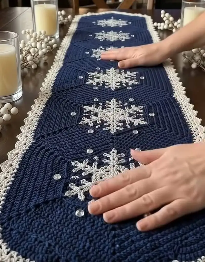Snowflake Table Runner Pattern crochet pattern - detailed view of completed project