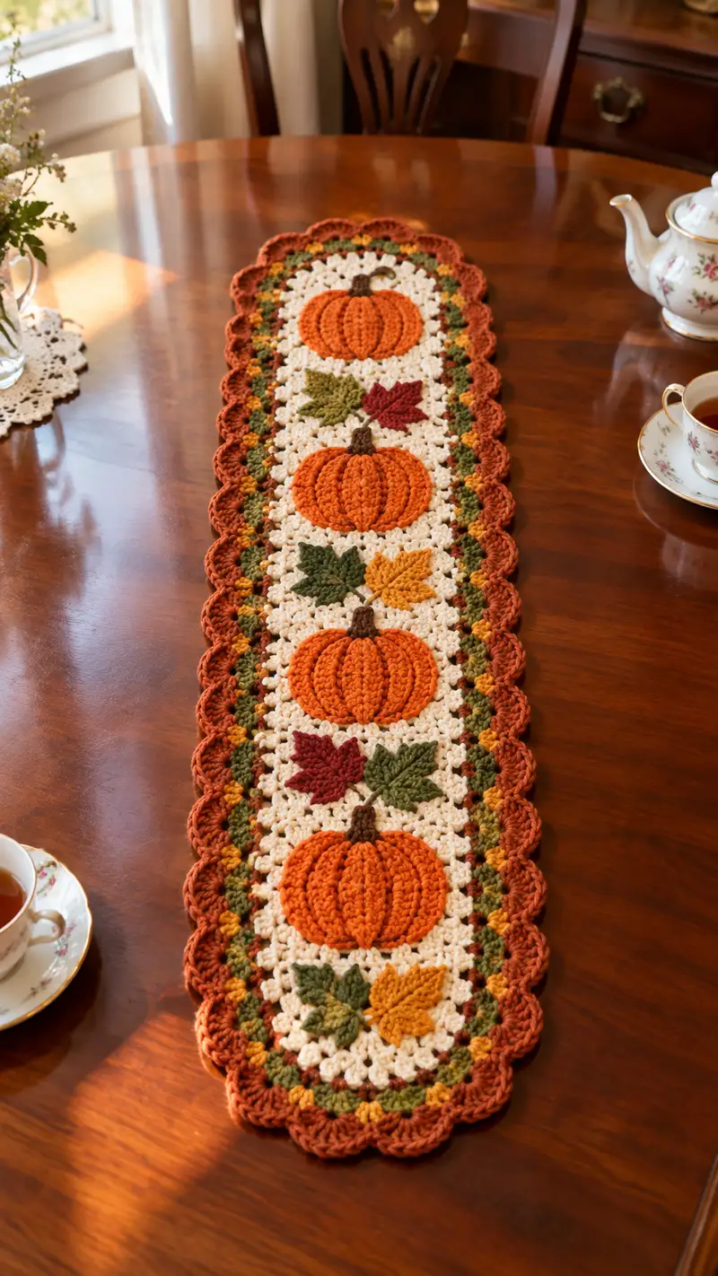Autumn Pumpkin Table Runner Pattern crochet pattern - detailed view of completed project