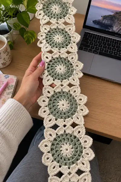 Rustic Boho Table Runner Pattern step 2 - assembly progress