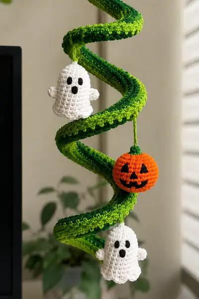 Green Glow Spiral Halloween Garland with Phantoms and Pumpkins Amigurumi Pattern step 2 - assembly progress