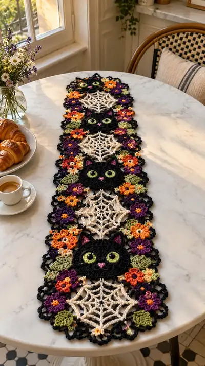 Black And Ivory Cat And Web Table Runner Pattern step 1 - construction progress