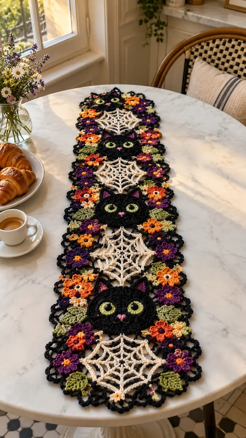 Black And Ivory Cat And Web Table Runner Pattern crochet pattern - detailed view of completed project