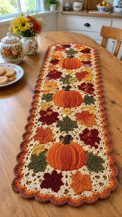 Autumn Pumpkin & Leaves Table Runner Pattern step 1 - construction progress