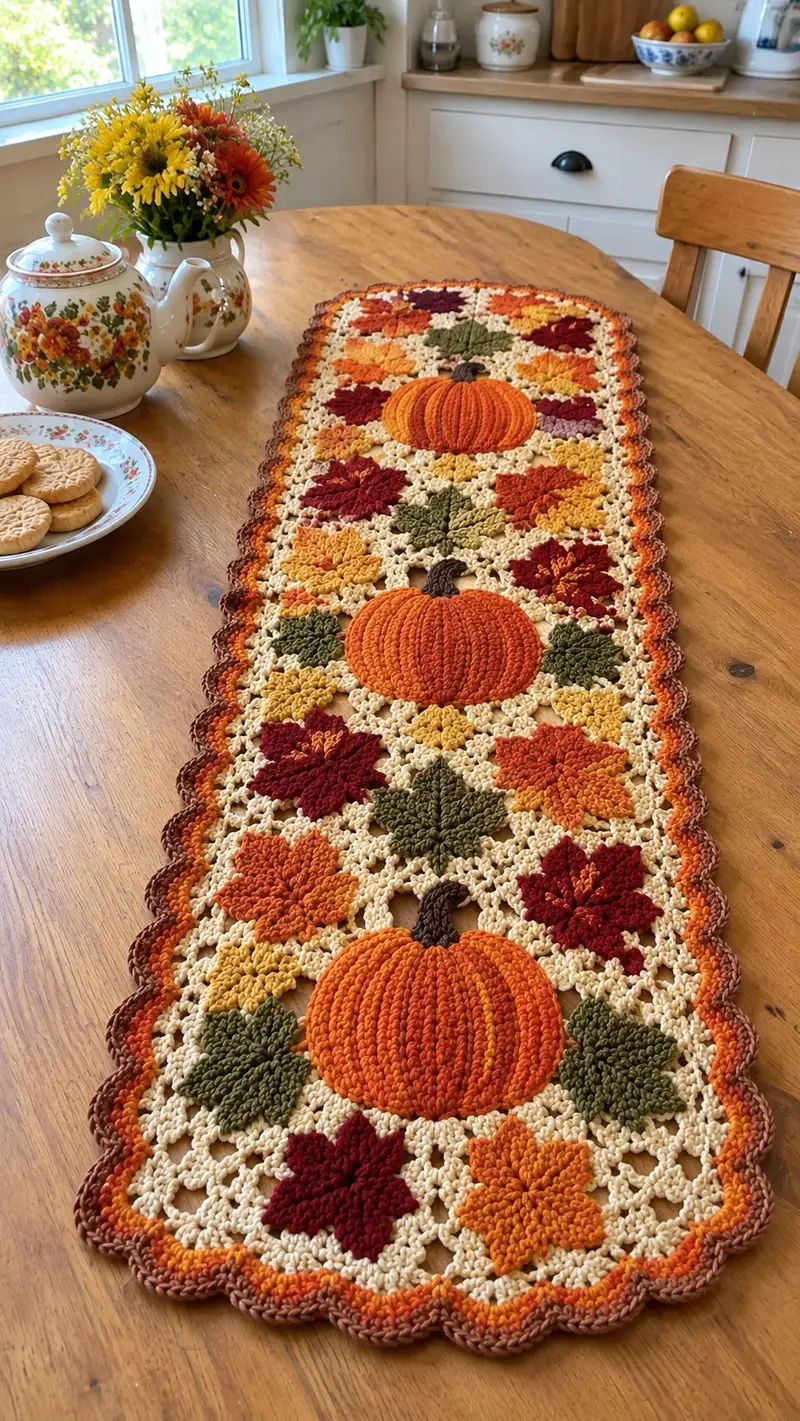 Autumn Pumpkin & Leaves Table Runner Pattern crochet pattern - detailed view of completed project