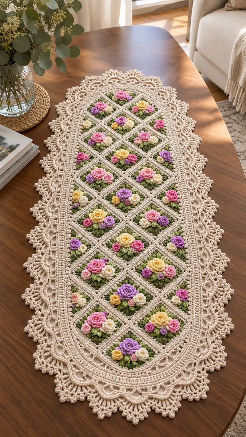 Vintage Floral Table Runner Pattern crochet pattern - detailed view of completed project