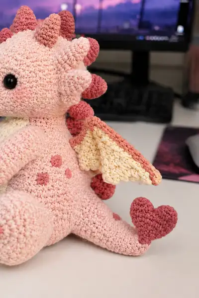 Big Blush Rose Love Dragon with Heart Tail and Tiny Wings Amigurumi Pattern step 2 - assembly progress