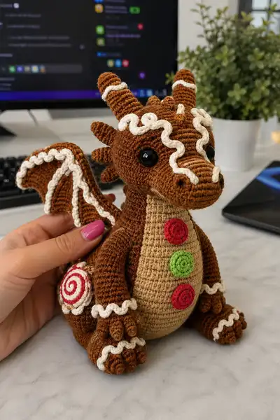 Gingerbread Dragon with Icing Swirls and Candy Buttons Amigurumi Pattern step 1 - construction progress