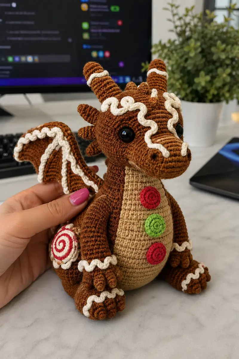 Gingerbread Dragon with Icing Swirls and Candy Buttons Amigurumi Pattern crochet pattern - detailed view of completed project