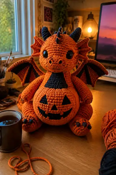 Big Jack-o-Lantern Dragon Amigurumi Pattern step 1 - construction progress