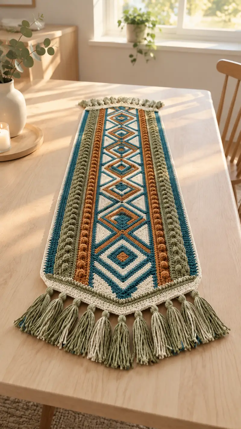 Boho Geometric Table Runner Pattern crochet pattern - detailed view of completed project