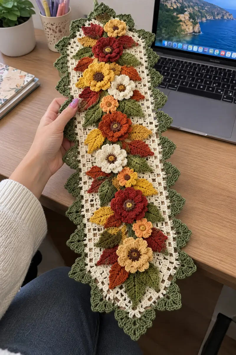 Autumn Harvest Flower Cascade Table Runner Pattern crochet pattern - detailed view of completed project