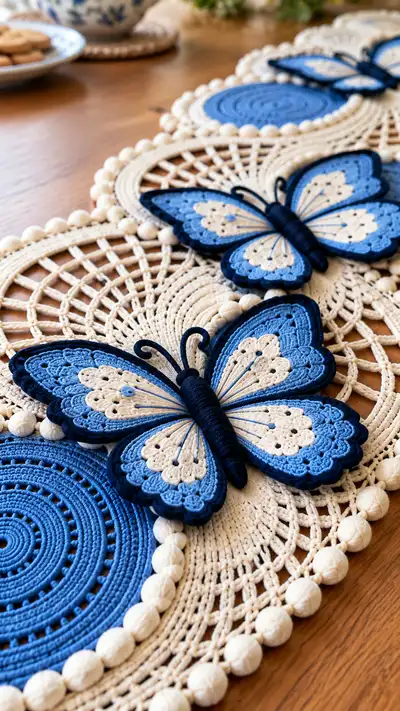 Blue Butterfly Table Runner Pattern step 2 - assembly progress