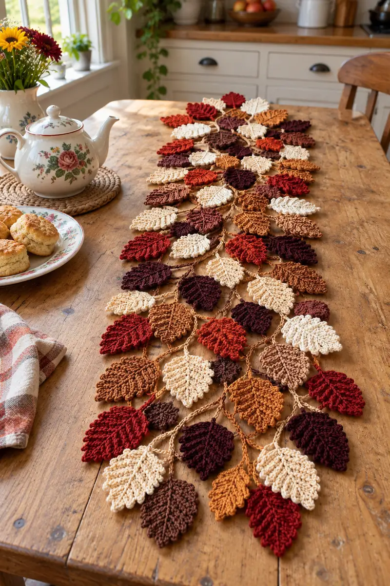 Autumn Leaves Table Runner Pattern crochet pattern - detailed view of completed project
