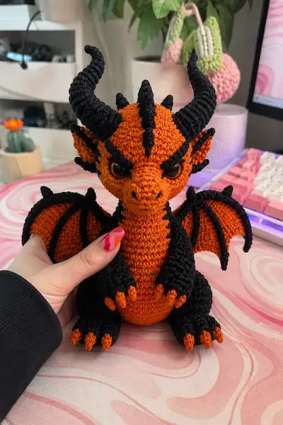 Orange and Black Demon Dragon with Curved Horns Amigurumi Pattern step 1 - construction progress
