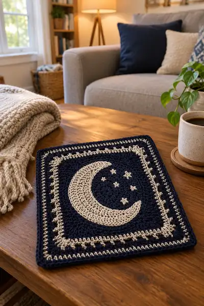 Deep Navy Blue and Silver Celestial Bedspread Pattern step 2 - assembly progress