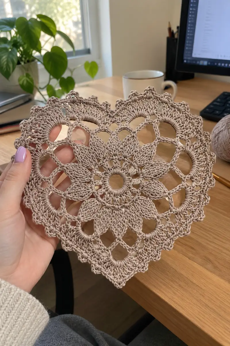 Lacy Heart Motif Doily Pattern crochet pattern - detailed view of completed project