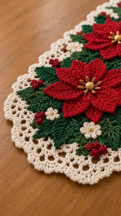 Festive Poinsettia Table Runner Pattern step 2 - assembly progress