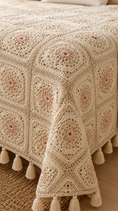 Cream Oatmeal Granny Square Bedspread Pattern step 2 - assembly progress
