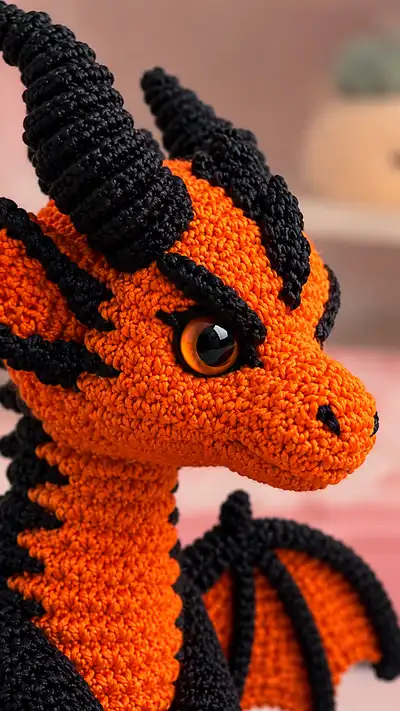 Orange & Black Little Dragon Amigurumi Pattern step 2 - assembly progress