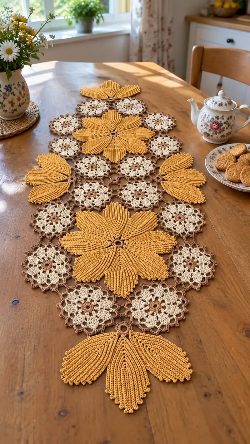 Sunburst Floral Table Runner Pattern crochet pattern - detailed view of completed project