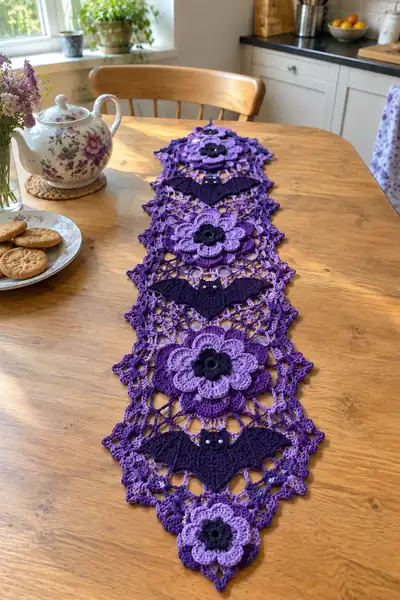 Detached Spooky Flower and Bat Halloween Table Runner Pattern step 1 - construction progress