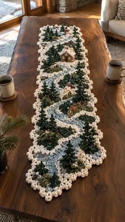 Blue Ivory Winter Forest Table Runner Pattern step 1 - construction progress