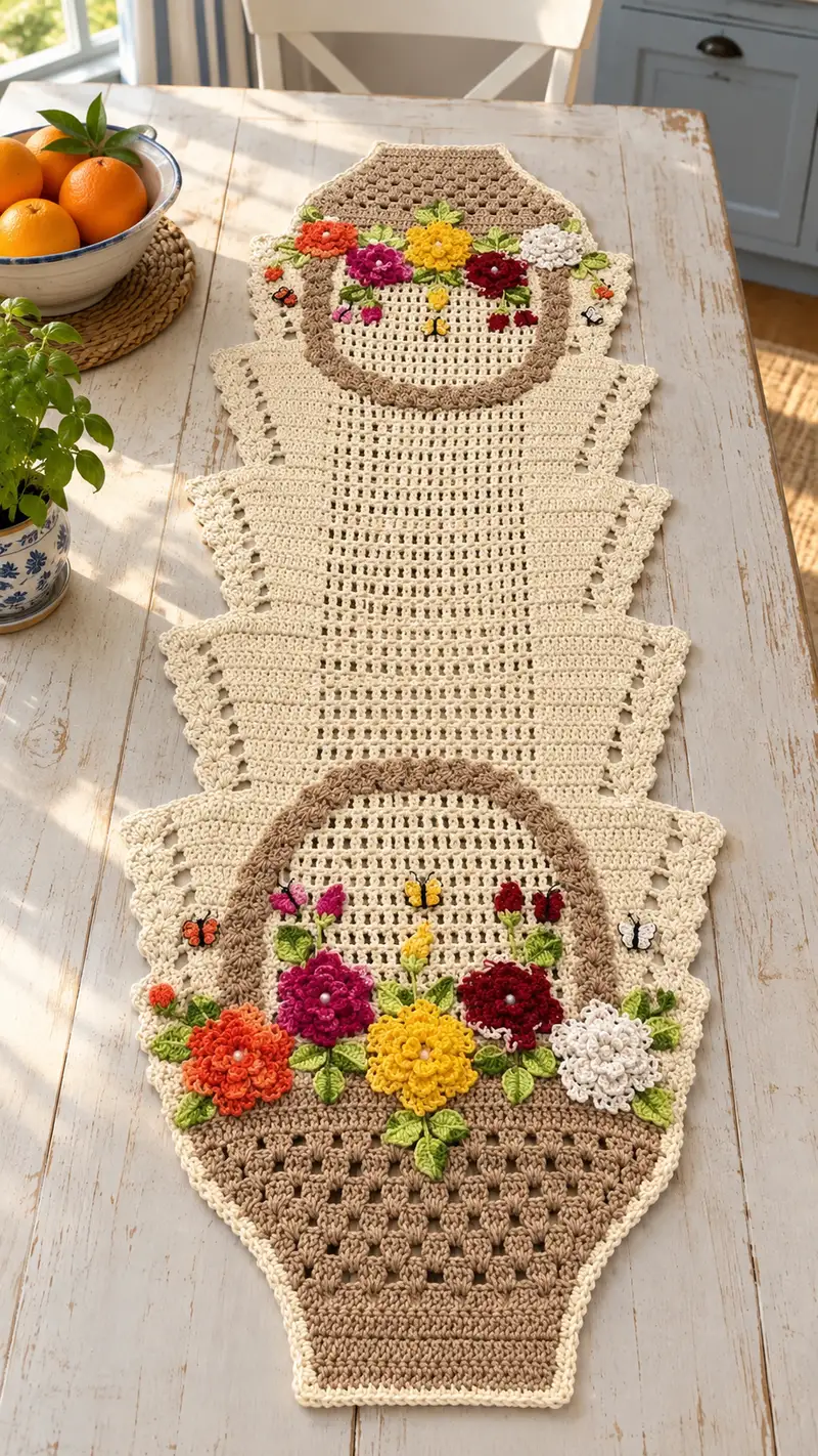 Floral Basket Table Runner Pattern crochet pattern - detailed view of completed project