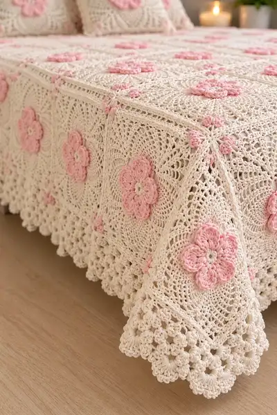Romantic Pink Flower Lace Bedspread Pattern step 3 - details and accessories