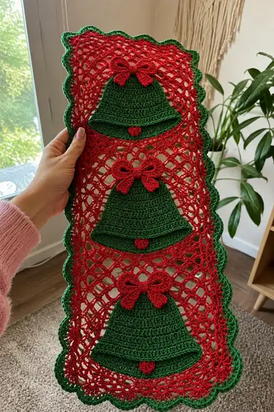 Red and Green Christmas Bell Table Runner Pattern step 1 - construction progress