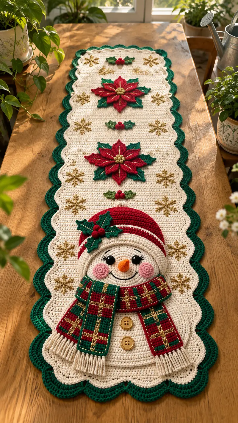 Festive Snowman Table Runner Pattern crochet pattern - detailed view of completed project