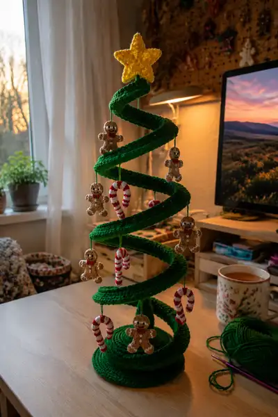 Green Spiral Christmas Garland with Gingerbread Men and Candy Canes Pattern step 1 - construction progress