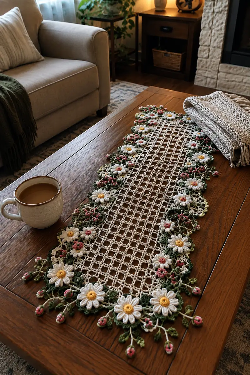 Open Mesh Lace Table Runner with Daisy Vines and Berry Buds Pattern crochet pattern - detailed view of completed project